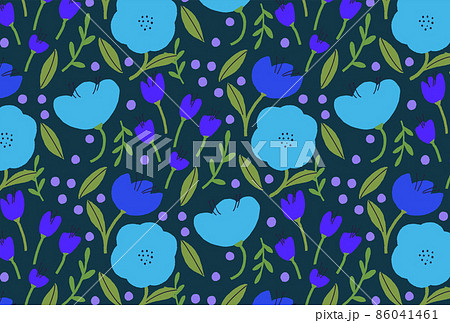 春のブルーと紫の草花の紺背景の壁紙のイラスト素材