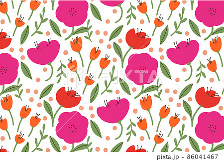 春の赤とピンクとオレンジの草花の白背景の壁紙のイラスト素材