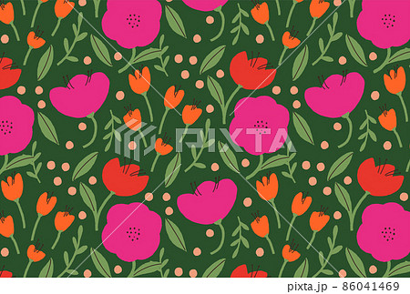 春の赤とピンクとオレンジの草花の緑背景の壁紙のイラスト素材