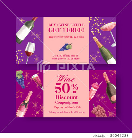 Voucher template with wine party concept,watercolor style Voucher template with wine party concept,watercolor style 86042283