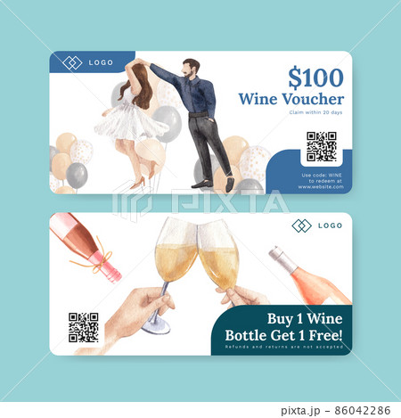 Voucher template with wine party concept,watercolor style Voucher template with wine party concept,watercolor style 86042286