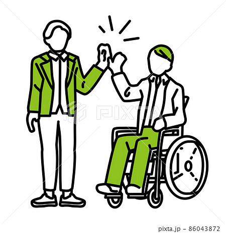車椅子に乗った人とハイタッチする人 86043872