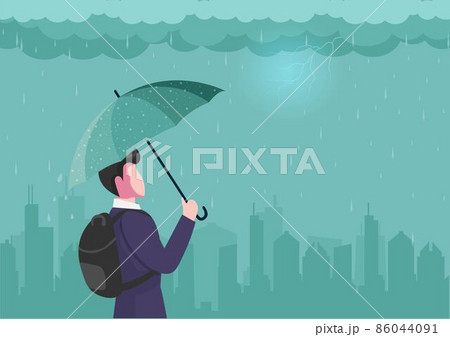 businessman with umbrella standing in the rain and lightning He is about to present the work that has been prepared to the client. silhouette of big city on flat vector illustration background businessman with umbrella standing in the rain and lightning He is about to present the work that has been prepared to the client. silhouette of big city on flat vector illustration background 86044091