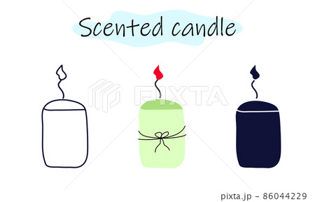 Scented candle in a simple shape with a bow and flame. Vector illustration in color, linear and solid design on a white background. Scented candle in a simple shape with a bow and flame. Vector illustration in color, linear and solid design on a white background. 86044229