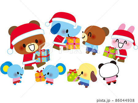 サンタさんにプレゼントを貰ってクリスマスを楽しむ子供 86044938