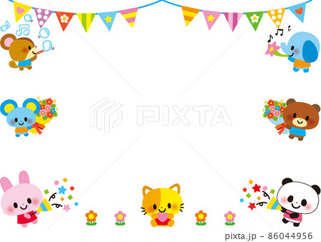 クラッカーと花束とラッパと音符で誕生日を楽しく祝う動物子供フレーム クラッカーと花束とラッパと音符で誕生日を楽しく祝う動物子供フレーム 86044956