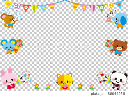 動物兒童框架用餅乾、花束、喇叭和音符愉快地慶祝生日 動物兒童框架用餅乾、花束、喇叭和音符愉快地慶祝生日 86044956