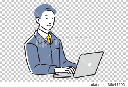 人物 パソコンで作業をする作業着の男性 86045303