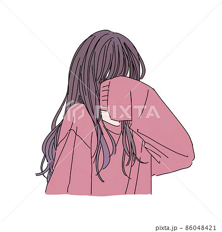 ゆるウェーブヘアのピンクのスウェットの女の子 顔隠し のイラスト素材