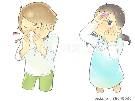 花粉症で鼻をかむ男の子と目薬を差す女の子 花粉症で鼻をかむ男の子と目薬を差す女の子 86049036