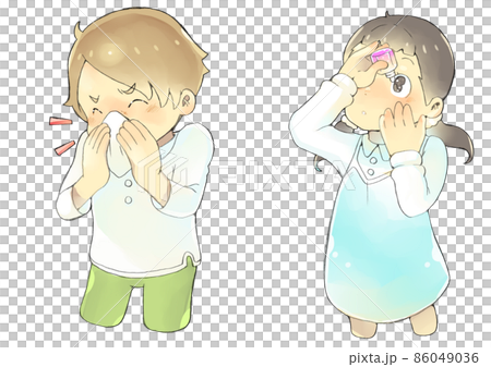 花粉症で鼻をかむ男の子と目薬を差す女の子 花粉症で鼻をかむ男の子と目薬を差す女の子 86049036