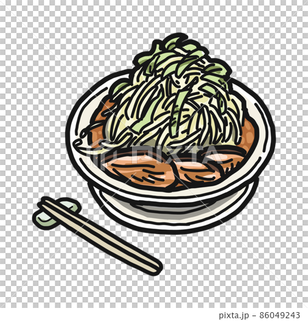 在碗中盛放的大拉麵的插圖。附上筷子。 86049243