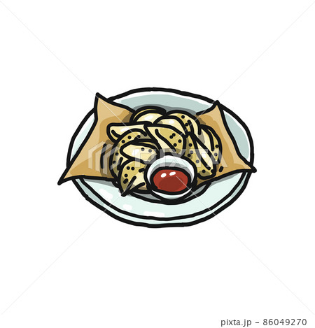 お皿に盛りつけられたフライドポテトのイラスト。ケチャップが添えられています。 86049270