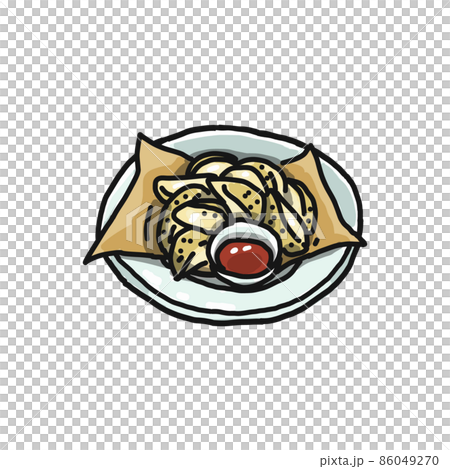 お皿に盛りつけられたフライドポテトのイラスト。ケチャップが添えられています。 86049270
