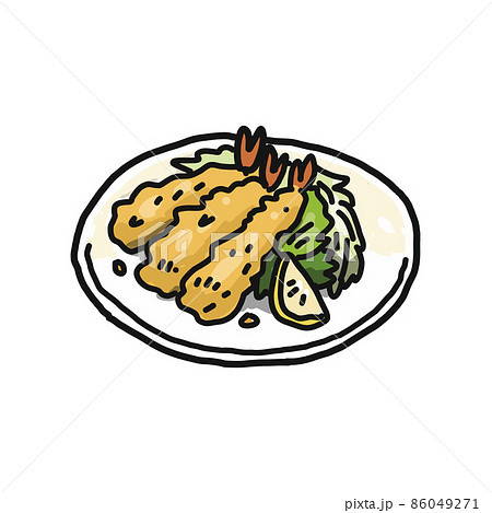 お皿に盛りつけられたエビフライのイラスト。レタス、千切りきゃべつ、レモンが添えられています。 86049271