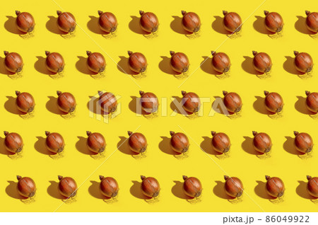 Collage with ripe onion on yellow background 86049922