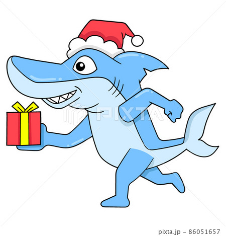 walking shark carrying a christmas present, doodle icon image kawaii 86051657
