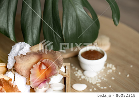 Spa composition with Thai orchid flowers and bath accessories. 86052319