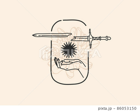 Hand drawn vector abstract stock flat graphic illustration with logo elements ,sword and sun , magic line art in simple style for branding ,isolated on white background Hand drawn vector abstract stock flat graphic illustration with logo elements ,sword and sun , magic line art in simple style for branding ,isolated on white background 86053150