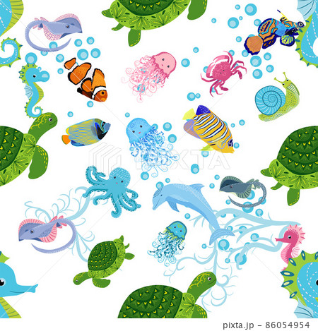Marine life, fish, animals bright seamless pattern. sea travel, underwater diving animal tropical fish. Jellyfish, whale, shark, seahorse, clown fish, dolphin, turtle emperor fish octopus stingray Marine life, fish, animals bright seamless pattern. sea travel, underwater diving animal tropical fish. Jellyfish, whale, shark, seahorse, clown fish, dolphin, turtle emperor fish octopus stingray 86054954