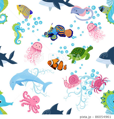 Marine life, fish, animals bright seamless pattern. sea travel, underwater diving animal tropical fish. Jellyfish, whale, shark, seahorse, clown fish, dolphin, turtle emperor fish octopus stingray Marine life, fish, animals bright seamless pattern. sea travel, underwater diving animal tropical fish. Jellyfish, whale, shark, seahorse, clown fish, dolphin, turtle emperor fish octopus stingray 86054961