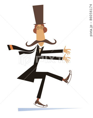 Cartoon mustache man in the top hat a skater illustration. Mustache gentleman in the top hat is skating isolated on white Cartoon mustache man in the top hat a skater illustration. Mustache gentleman in the top hat is skating isolated on white 86056174