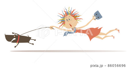 Funny woman and disobedient dog illustration. Cartoon young woman tries to stop an angry dog isolated on white 86056696