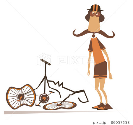 Cyclist and a broken bike isolated illustration. Sad long mustache man standing near a broken bike with downcast hands isolated on white background Cyclist and a broken bike isolated illustration. Sad long mustache man standing near a broken bike with downcast hands isolated on white background 86057558