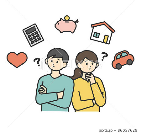 若い男性と女性が将来のお金について悩んでいるイラスト素材 若い男性と女性が将来のお金について悩んでいるイラスト素材 86057629
