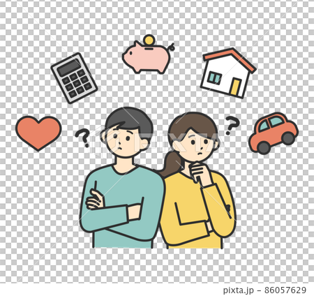 若い男性と女性が将来のお金について悩んでいるイラスト素材 若い男性と女性が将来のお金について悩んでいるイラスト素材 86057629