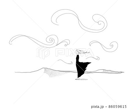 寂寞 一人荒涼とした砂漠に立つ女性 イラスト 白黒 ホワイトバック のイラスト素材
