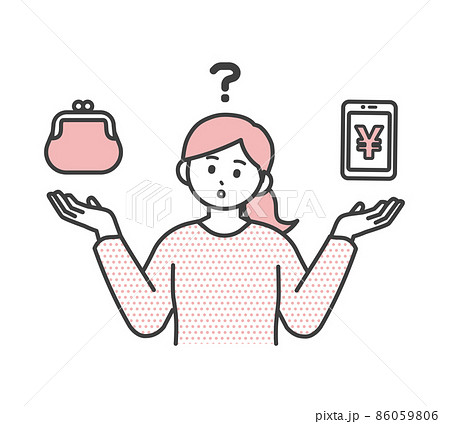 若い女性がスマホ決済か現金か決済方法について迷うイラスト素材 86059806