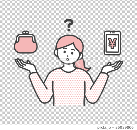 若い女性がスマホ決済か現金か決済方法について迷うイラスト素材 86059806