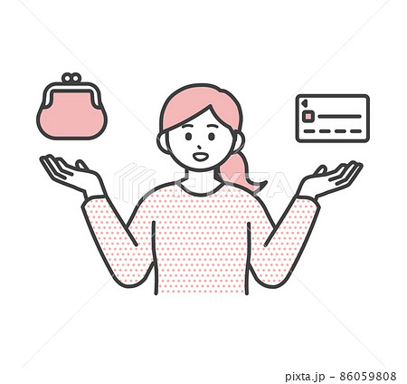 若い女性がクレジットカードと現金で決済方法を比べるイラスト素材 86059808