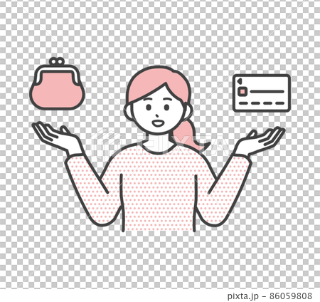 若い女性がクレジットカードと現金で決済方法を比べるイラスト素材 86059808