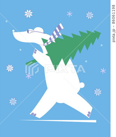 Cartoon bear with a Christmas, New Year day tree illustration. Polar bear carries Christmas, New Year day fir white on blue background Cartoon bear with a Christmas, New Year day tree illustration. Polar bear carries Christmas, New Year day fir white on blue background 86061198