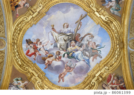 The fresco of virtues on the little cupola of side nave in Basilica dei Santi Ambrogio e Carlo al Corso by Pio Paolini, Rome, Italy 86061399