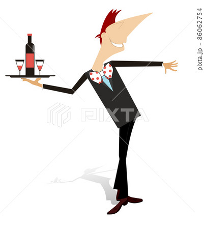 Comic Man Carries A Tray With A Bottle And Two のイラスト素材
