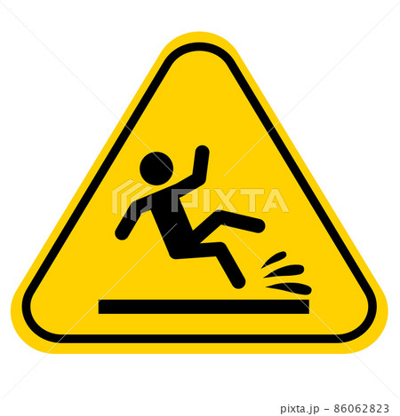 Slip danger icon on white background. Wet floor sign. Yellow triangle with falling man symbol. Caution wet floor. flat style. Slip danger icon on white background. Wet floor sign. Yellow triangle with falling man symbol. Caution wet floor. flat style. 86062823