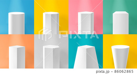 Realistic white pedestal. Empty podium and product platform, base, stage and pillar. Vector column set marble white realistic geometric pedestal Realistic white pedestal. Empty podium and product platform, base, stage and pillar. Vector column set marble white realistic geometric pedestal 86062865