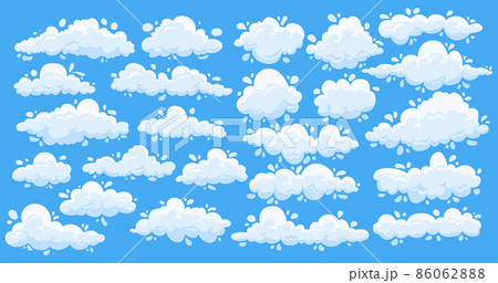 Cartoon clouds. Cute simple summer clouds on blue sky, flat white game elements. Vector set images aerial clouds heavenly space 86062888