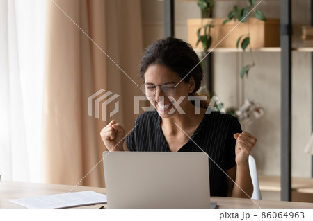 Emotional cheerful young woman celebrating online success. 86064963