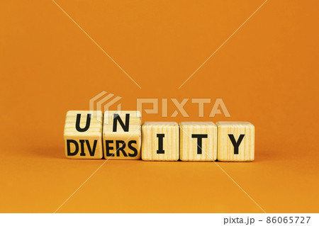 Diversity and unity symbol. Turned wooden cubes and changed the concept word Unity to Diversity. Beautiful orange table, orange background, copy space. Business, diversity and unity concept. Diversity and unity symbol. Turned wooden cubes and changed the concept word Unity to Diversity. Beautiful orange table, orange background, copy space. Business, diversity and unity concept. 86065727