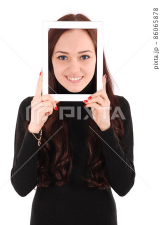 Portrait smiling teenage girl with digital tablet making selfie Portrait smiling teenage girl with digital tablet making selfie 86065878
