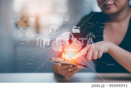 Woman touch smartphone connect to data information on the Cloud Computing Technology Internet Storage Network Concept And a large database big data Through internet technology, Cloud sharing download 86066041