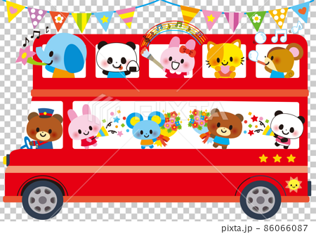 誕生日を祝う動物子供の二階建てバス 86066087