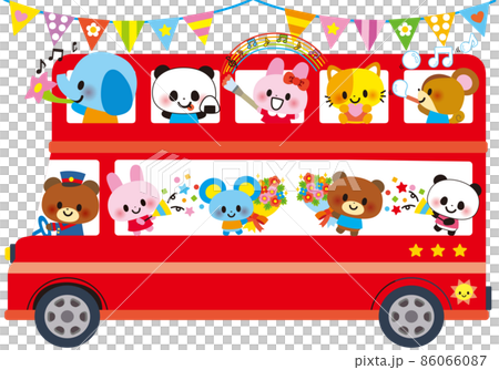 誕生日を祝う動物子供の二階建てバス 86066087