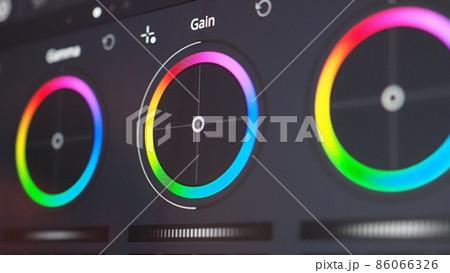 Color grading graph or RGB colour correction indicator on monitor in post production process. Telecine stage in video or film production processing. for colorist edit or adjust color on digital movie. 86066326
