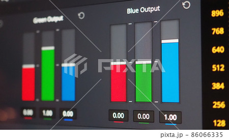 Color grading graph or RGB colour correction indicator on monitor in post production process. Telecine stage in video or film production processing. for colorist edit or adjust color on digital movie. Color grading graph or RGB colour correction indicator on monitor in post production process. Telecine stage in video or film production processing. for colorist edit or adjust color on digital movie. 86066335