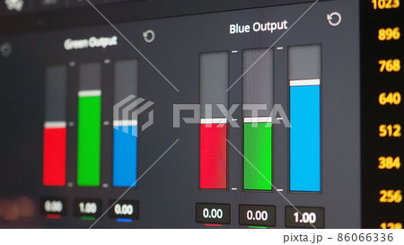 Color grading graph or RGB colour correction indicator on monitor in post production process. Telecine stage in video or film production processing. for colorist edit or adjust color on digital movie. Color grading graph or RGB colour correction indicator on monitor in post production process. Telecine stage in video or film production processing. for colorist edit or adjust color on digital movie. 86066336